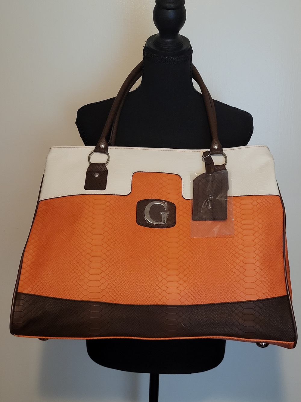 G by Guess Large Tote Purse/Travel Bag Orange Beige Brown Faux Snakeskin G Logo